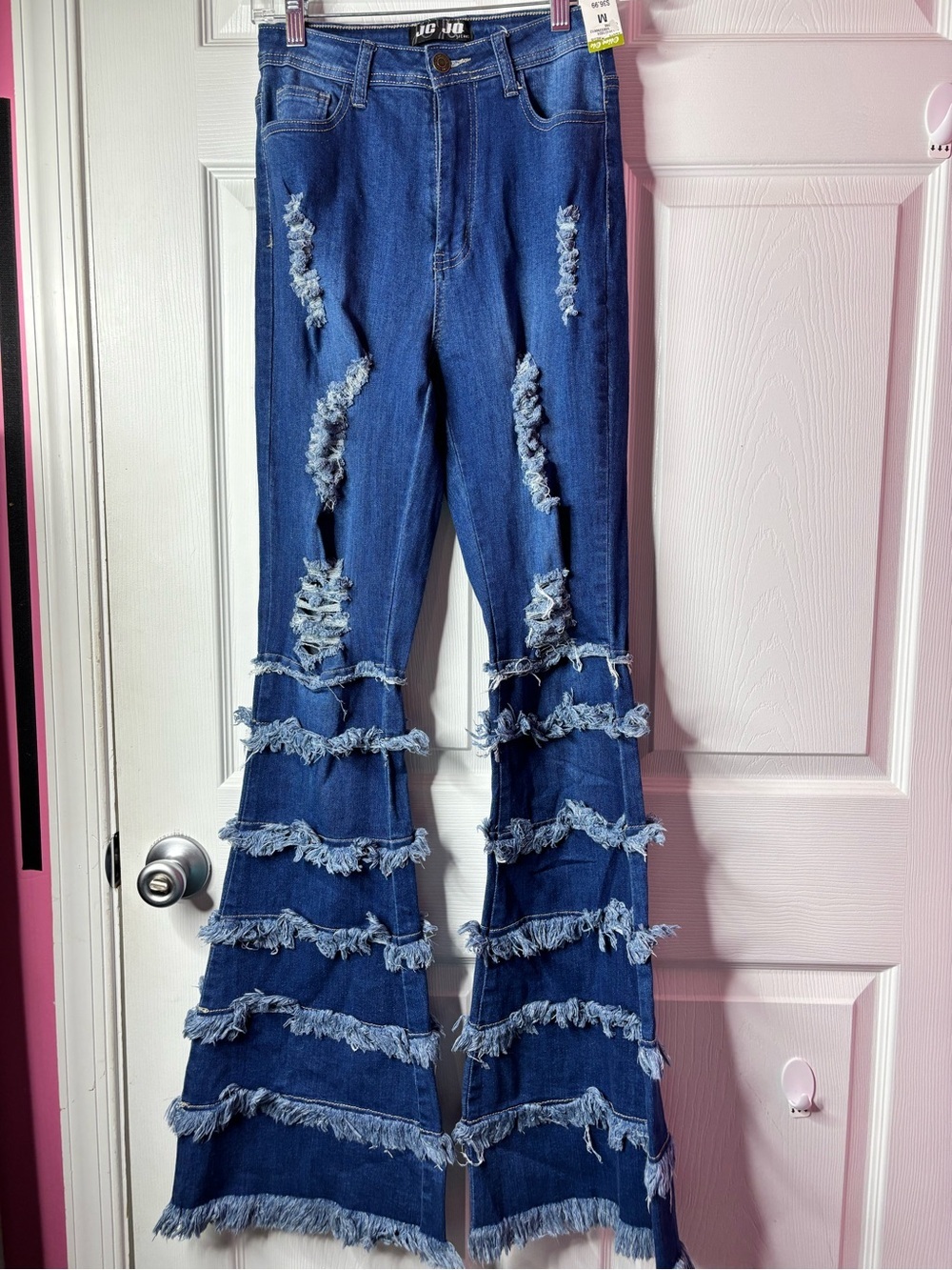 Frayed Dark Blue Flare Jeans with Layered Fringe